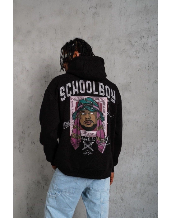 Erkek 3 İplik Pamuklu Kapüşonlu Baskılı Cepli Oversize Sweatshirt Hoodie - Siyah