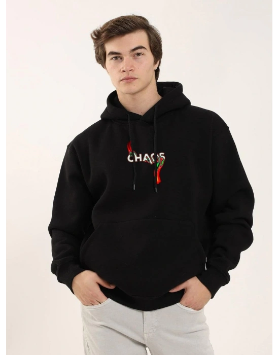 Erkek 3 İplik Pamuklu Kapüşonlu Baskılı Cepli Oversize Sweatshirt Hoodie - Siyah