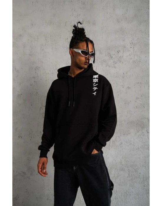 Erkek 3 İplik Pamuklu Kapüşonlu Baskılı Cepli Oversize Sweatshirt Hoodie - Siyah