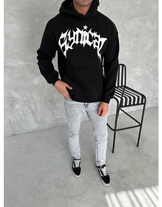 Erkek 3 İplik Pamuklu Kapüşonlu Baskılı Cepli Oversize Sweatshirt Hoodie - Siyah
