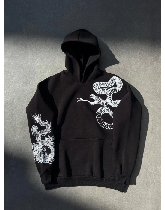 Erkek 3 İplik Pamuklu Kapüşonlu Baskılı Cepli Oversize Sweatshirt Hoodie - Siyah