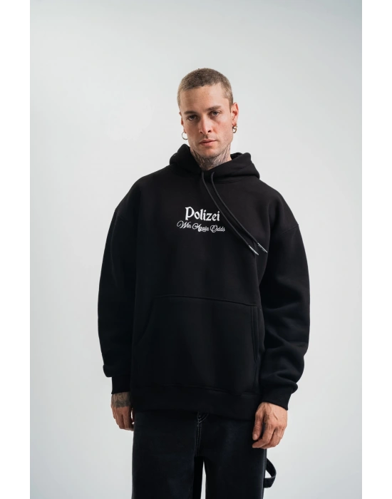Erkek 3 İplik Pamuklu Kapüşonlu Baskılı Cepli Oversize Sweatshirt Hoodie - Siyah
