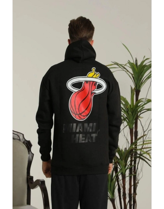 Erkek 3 İplik Pamuklu Kapüşonlu Baskılı Cepli Oversize Sweatshirt Hoodie - Siyah
