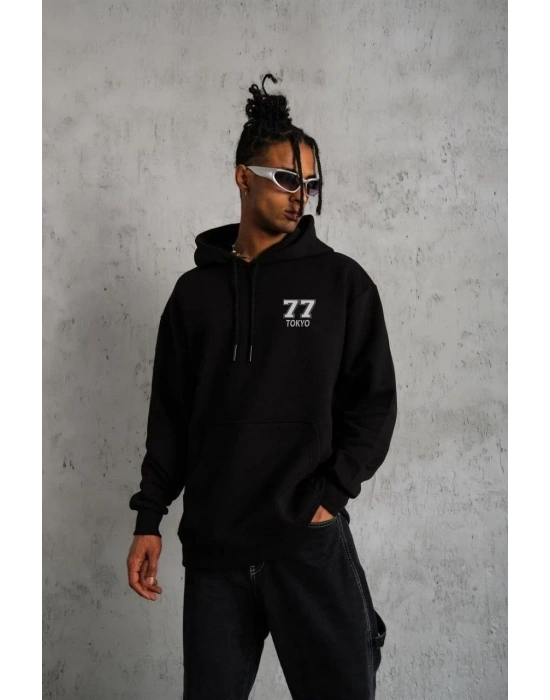 Erkek 3 İplik Pamuklu Kapüşonlu Baskılı Cepli Oversize Sweatshirt Hoodie - Siyah