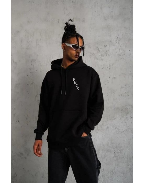 Erkek 3 İplik Pamuklu Kapüşonlu Baskılı Cepli Oversize Sweatshirt Hoodie - Siyah