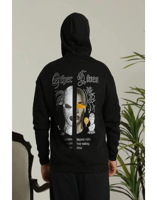 Erkek 3 İplik Pamuklu Kapüşonlu Baskılı Cepli Oversize Sweatshirt Hoodie - Siyah