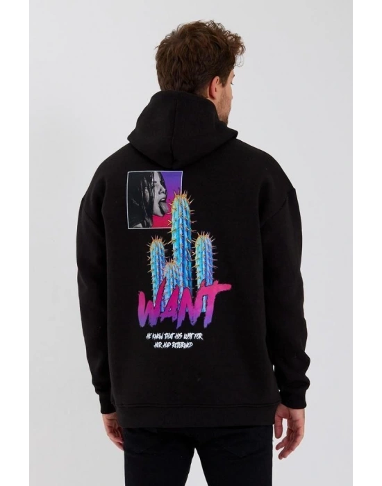 Erkek 3 İplik Pamuklu Kapüşonlu Baskılı Cepli Oversize Sweatshirt Hoodie - Siyah