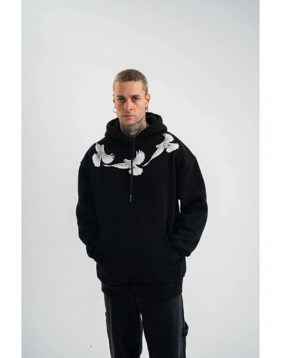 Erkek 3 İplik Pamuklu Kapüşonlu Baskılı Cepli Oversize Sweatshirt Hoodie - Siyah