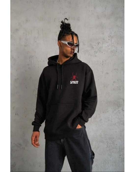 Erkek 3 İplik Pamuklu Kapüşonlu Baskılı Cepli Oversize Sweatshirt Hoodie - Siyah