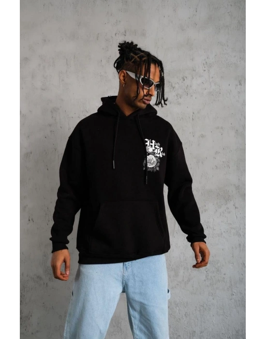 Erkek 3 İplik Pamuklu Kapüşonlu Baskılı Cepli Oversize Sweatshirt Hoodie - Siyah