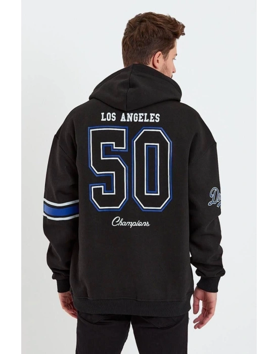 Erkek 3 İplik Pamuklu Kapüşonlu Baskılı Cepli Oversize Sweatshirt Hoodie - Siyah