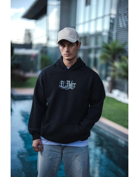 Erkek 3 İplik Pamuklu Kapüşonlu Baskılı Cepli Oversize Sweatshirt Hoodie - Siyah