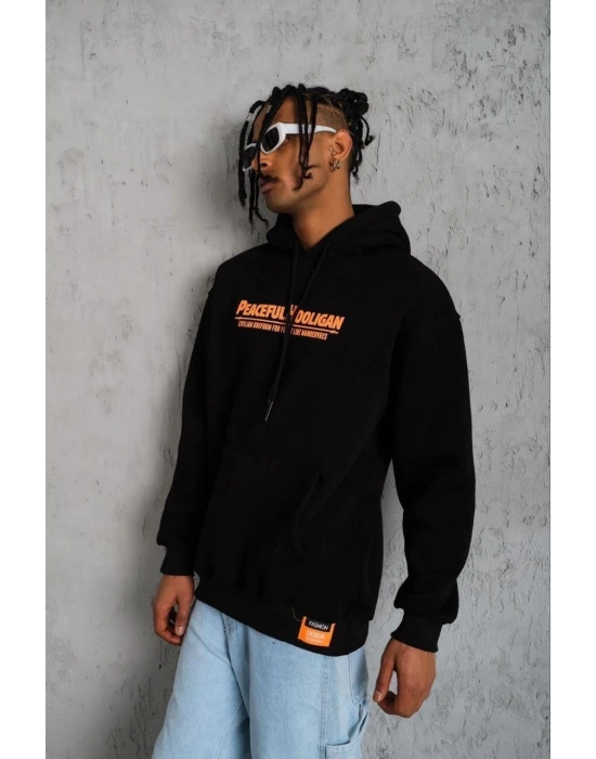 Erkek 3 İplik Pamuklu Kapüşonlu Baskılı Cepli Oversize Sweatshirt Hoodie - Siyah