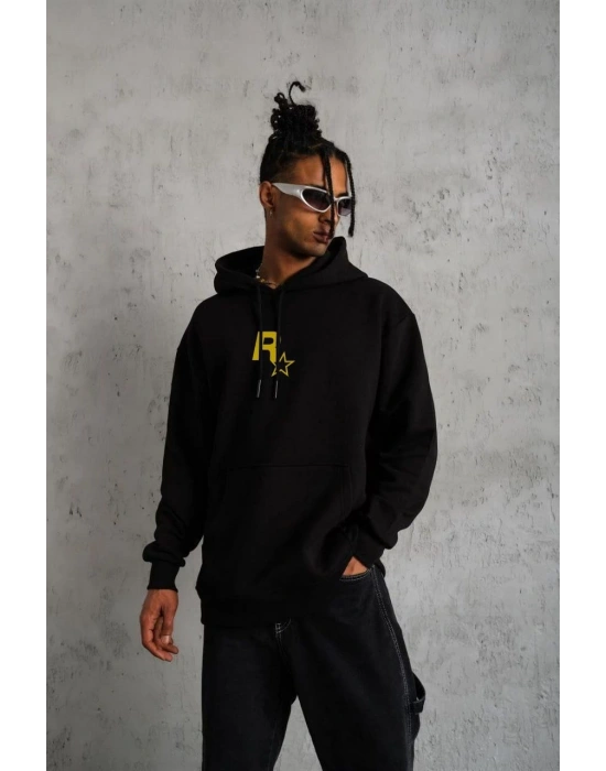 Erkek 3 İplik Pamuklu Kapüşonlu Baskılı Cepli Oversize Sweatshirt Hoodie - Siyah