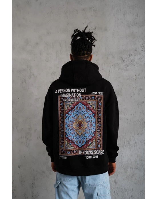 Erkek 3 İplik Pamuklu Kapüşonlu Baskılı Cepli Oversize Sweatshirt Hoodie - Siyah
