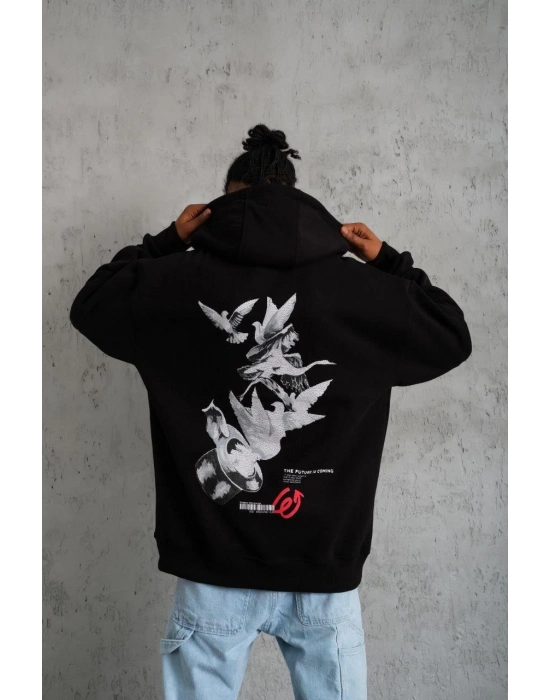 Erkek 3 İplik Pamuklu Kapüşonlu Baskılı Cepli Oversize Sweatshirt Hoodie - Siyah