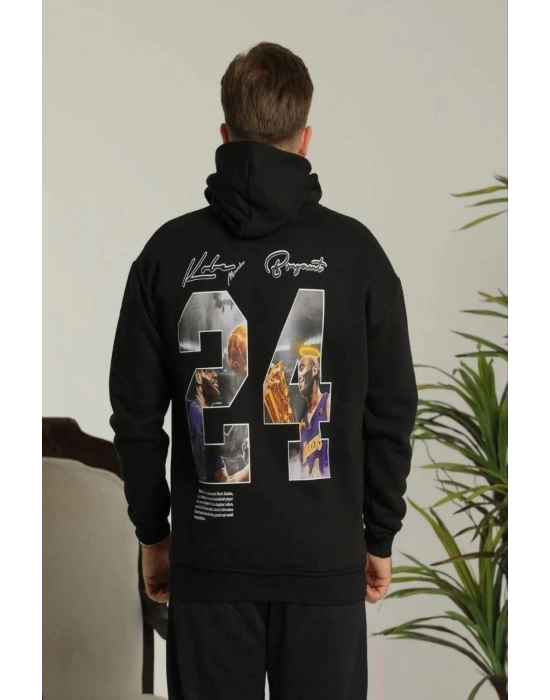 Erkek 3 İplik Pamuklu Kapüşonlu Baskılı Cepli Oversize Sweatshirt Hoodie - Siyah