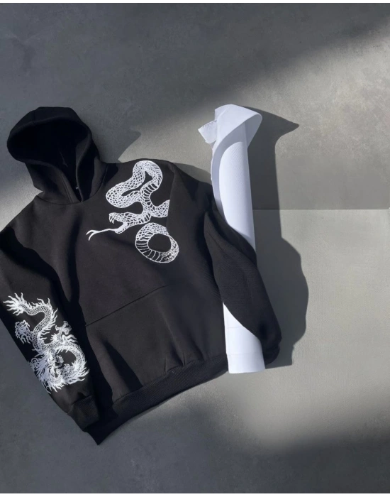 Erkek 3 İplik Pamuklu Kapüşonlu Baskılı Cepli Oversize Sweatshirt Hoodie - Siyah
