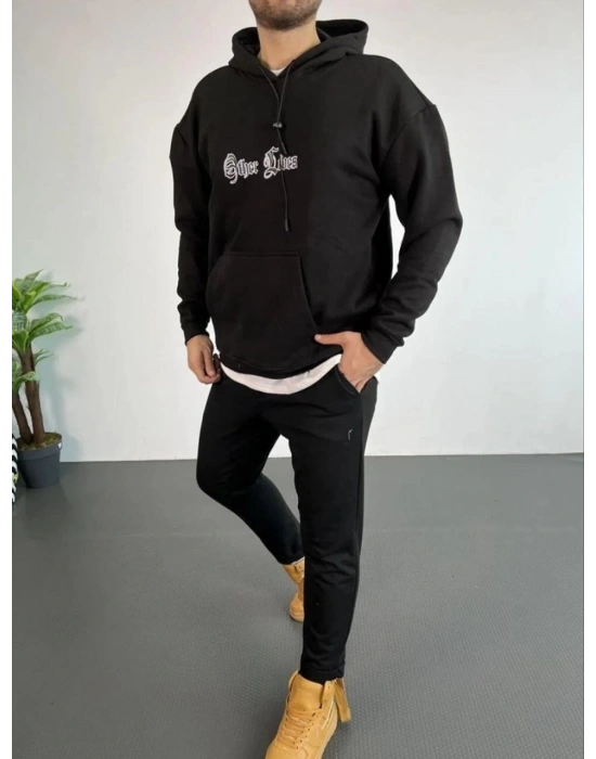 Erkek 3 İplik Pamuklu Kapüşonlu Baskılı Cepli Oversize Sweatshirt Hoodie - Siyah