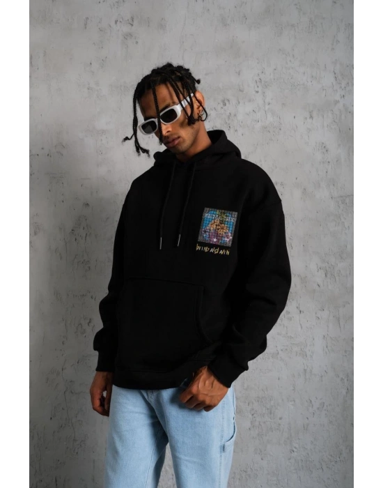 Erkek 3 İplik Pamuklu Kapüşonlu Baskılı Cepli Oversize Sweatshirt Hoodie - Siyah