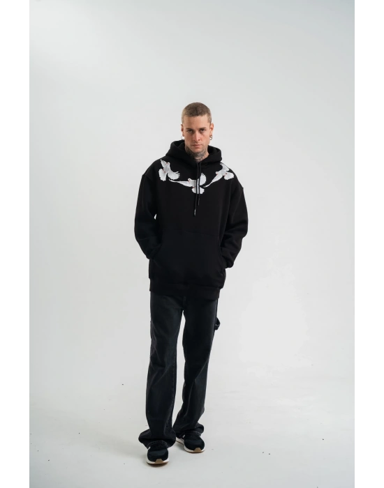 Erkek 3 İplik Pamuklu Kapüşonlu Baskılı Cepli Oversize Sweatshirt Hoodie - Siyah