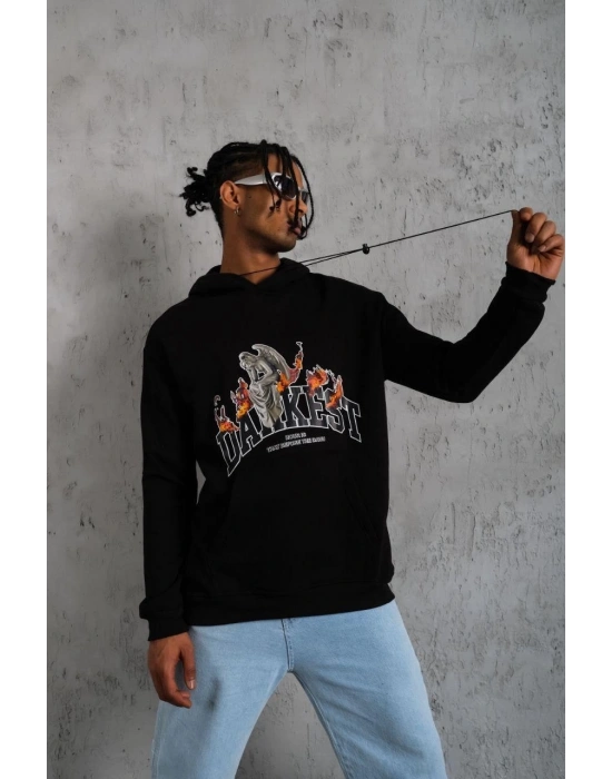 Erkek 3 İplik Pamuklu Kapüşonlu Baskılı Cepli Oversize Sweatshirt Hoodie - Siyah