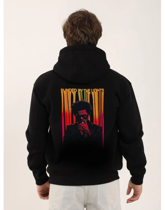 Erkek 3 İplik Pamuklu Kapüşonlu Baskılı Cepli Oversize Sweatshirt Hoodie - Siyah