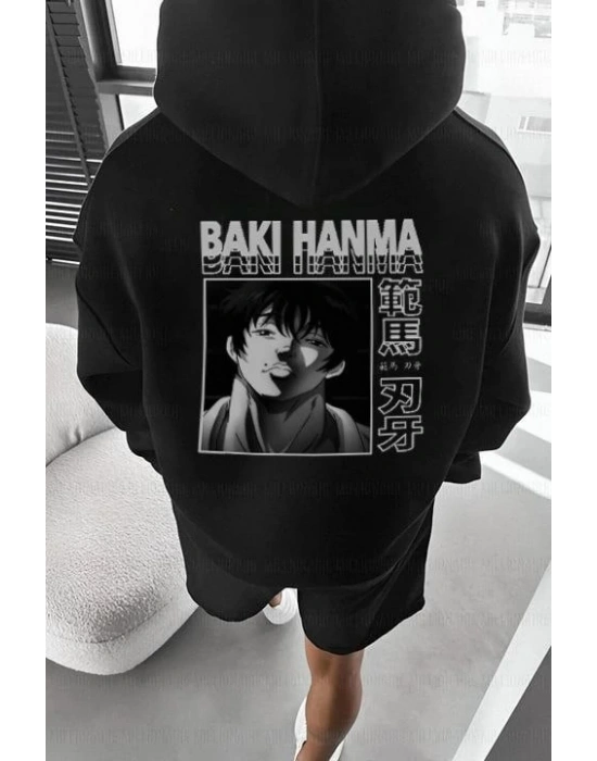 Erkek 3 İplik Pamuklu Kapüşonlu Baskılı Cepli Oversize Sweatshirt Hoodie - Siyah