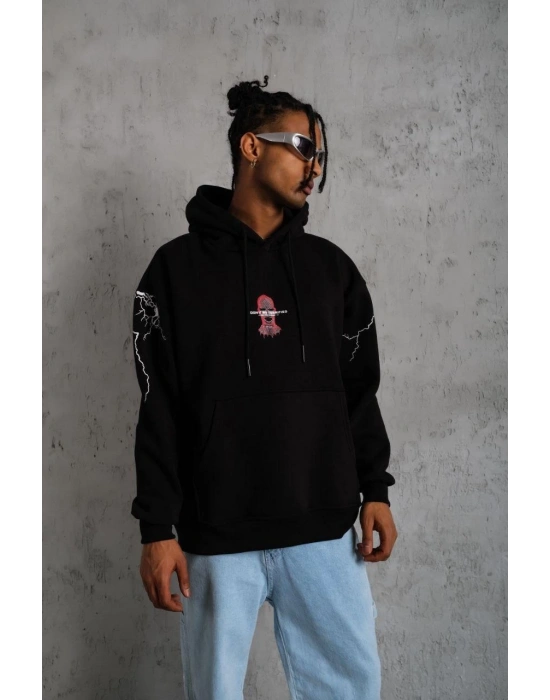 Erkek 3 İplik Pamuklu Kapüşonlu Baskılı Cepli Oversize Sweatshirt Hoodie - Siyah