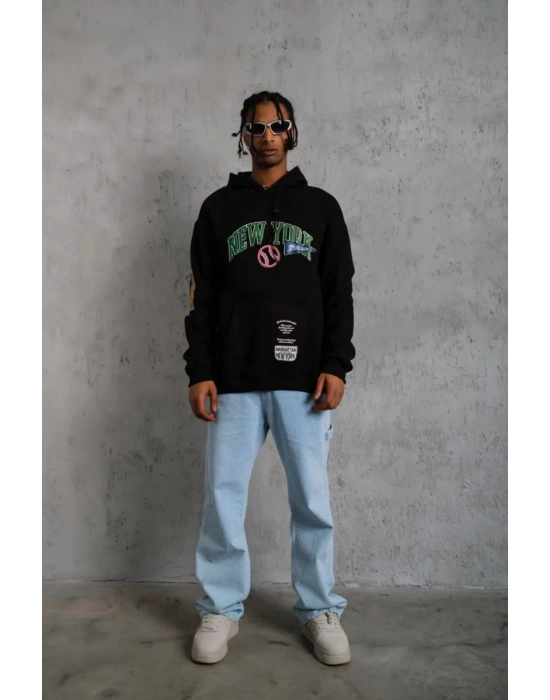Erkek 3 İplik Pamuklu Kapüşonlu Baskılı Cepli Oversize Sweatshirt Hoodie - Siyah