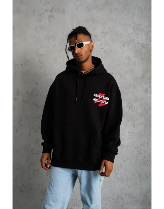 Erkek 3 İplik Pamuklu Kapüşonlu Baskılı Cepli Oversize Sweatshirt Hoodie - Siyah