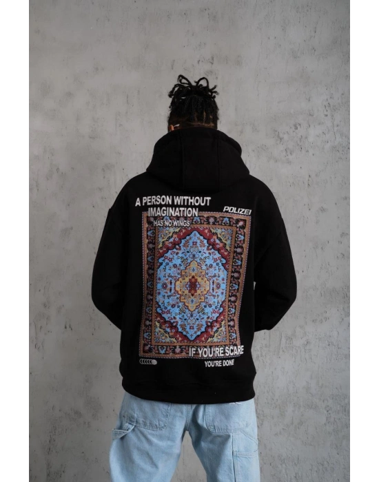 Erkek 3 İplik Pamuklu Kapüşonlu Baskılı Cepli Oversize Sweatshirt Hoodie - Siyah