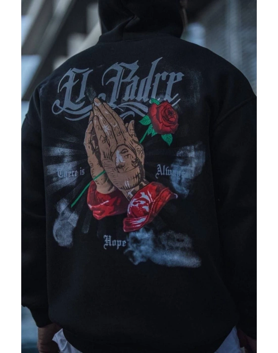 Erkek 3 İplik Pamuklu Kapüşonlu Baskılı Cepli Oversize Sweatshirt Hoodie - Siyah