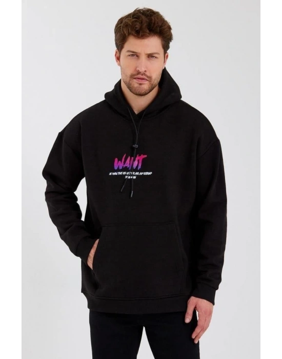 Erkek 3 İplik Pamuklu Kapüşonlu Baskılı Cepli Oversize Sweatshirt Hoodie - Siyah