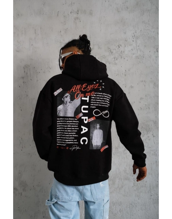Erkek 3 İplik Pamuklu Kapüşonlu Baskılı Cepli Oversize Sweatshirt Hoodie - Siyah