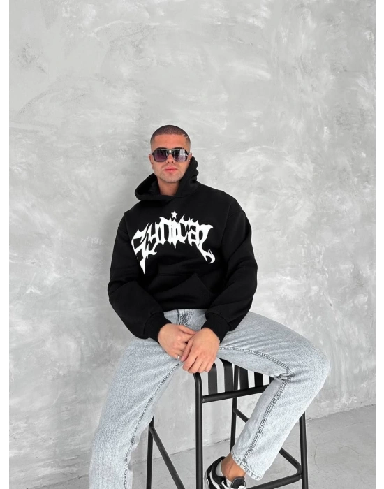 Erkek 3 İplik Pamuklu Kapüşonlu Baskılı Cepli Oversize Sweatshirt Hoodie - Siyah