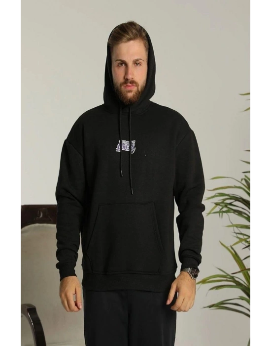 Erkek 3 İplik Pamuklu Kapüşonlu Baskılı Cepli Oversize Sweatshirt Hoodie - Siyah
