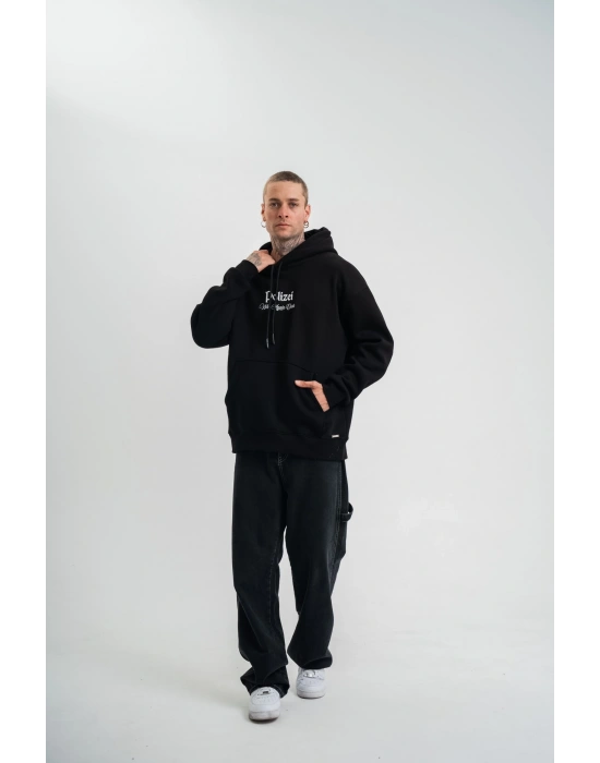 Erkek 3 İplik Pamuklu Kapüşonlu Baskılı Cepli Oversize Sweatshirt Hoodie - Siyah