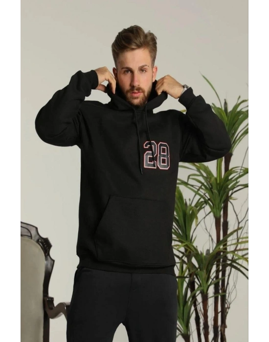 Erkek 3 İplik Pamuklu Kapüşonlu Baskılı Cepli Oversize Sweatshirt Hoodie - Siyah