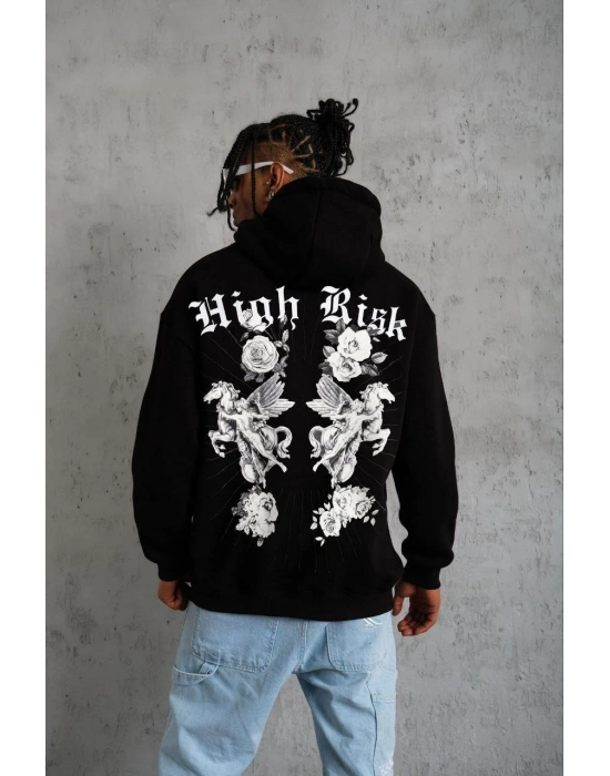 Erkek 3 İplik Pamuklu Kapüşonlu Baskılı Cepli Oversize Sweatshirt Hoodie - Siyah