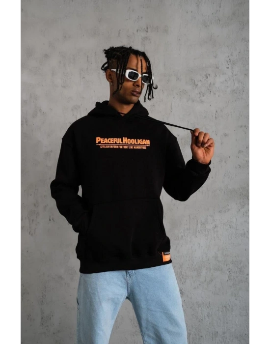 Erkek 3 İplik Pamuklu Kapüşonlu Baskılı Cepli Oversize Sweatshirt Hoodie - Siyah