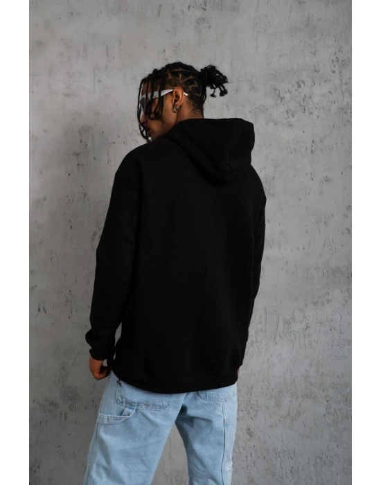 Erkek 3 İplik Pamuklu Kapüşonlu Baskılı Cepli Oversize Sweatshirt Hoodie - Siyah