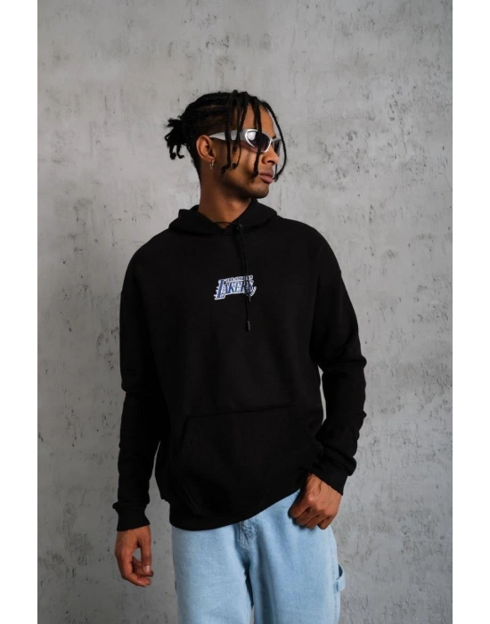 Erkek 3 İplik Pamuklu Kapüşonlu Baskılı Cepli Oversize Sweatshirt Hoodie - Siyah