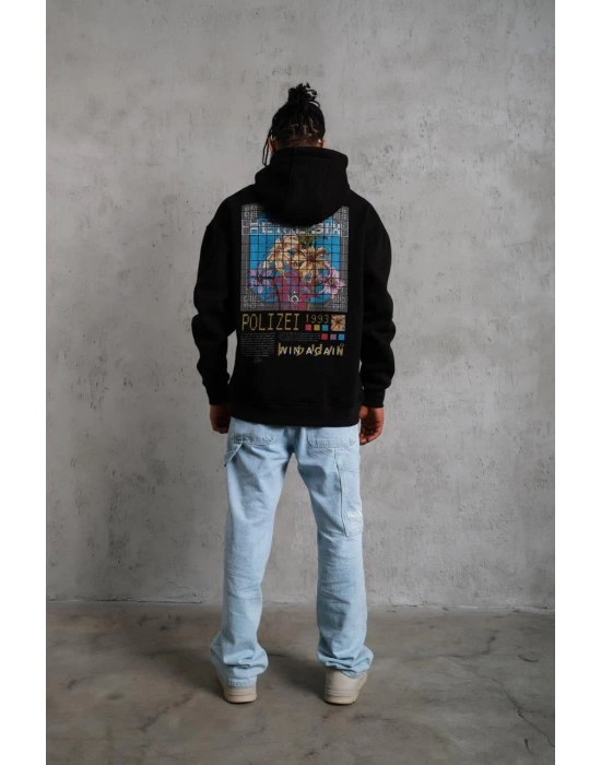 Erkek 3 İplik Pamuklu Kapüşonlu Baskılı Cepli Oversize Sweatshirt Hoodie - Siyah