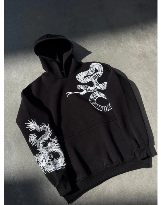 Erkek 3 İplik Pamuklu Kapüşonlu Baskılı Cepli Oversize Sweatshirt Hoodie - Siyah