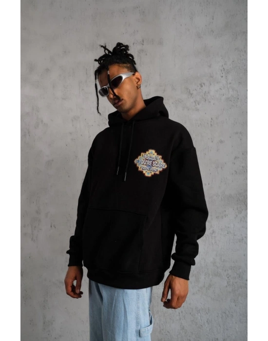Erkek 3 İplik Pamuklu Kapüşonlu Baskılı Cepli Oversize Sweatshirt Hoodie - Siyah