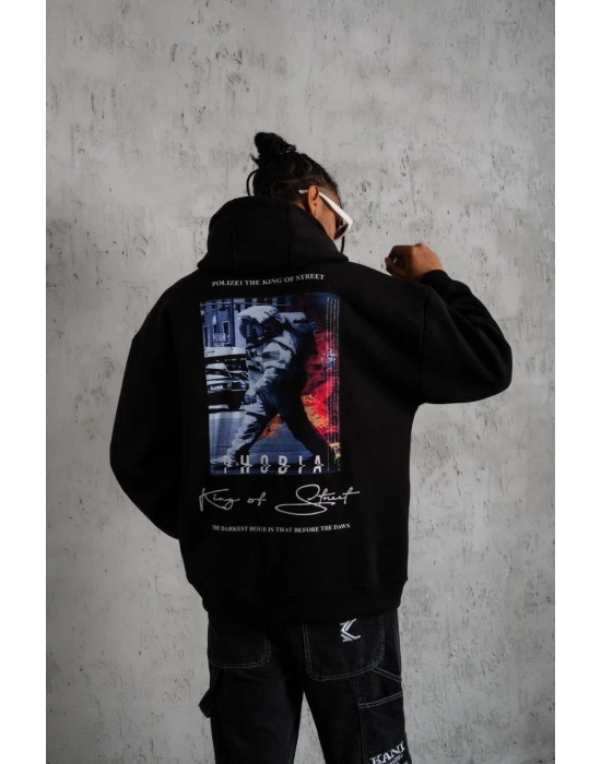 Erkek 3 İplik Pamuklu Kapüşonlu Baskılı Cepli Oversize Sweatshirt Hoodie - Siyah