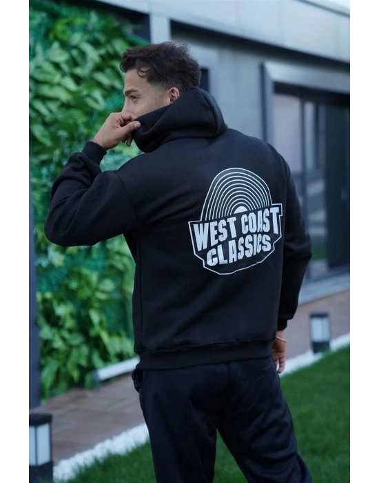 Erkek 3 İplik Pamuklu Kapüşonlu Baskılı Cepli Oversize Sweatshirt Hoodie - Siyah