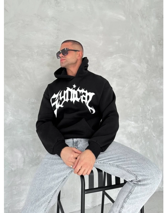 Erkek 3 İplik Pamuklu Kapüşonlu Baskılı Cepli Oversize Sweatshirt Hoodie - Siyah