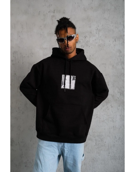 Erkek 3 İplik Pamuklu Kapüşonlu Baskılı Cepli Oversize Sweatshirt Hoodie - Siyah